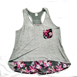 Girls floral medium tank top t shirt with sheer see through back and pocket